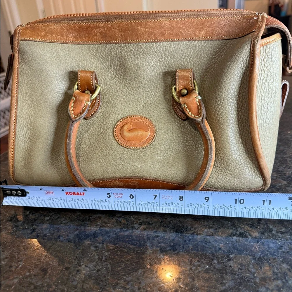 Vintage Dooney & Bourke Olive Green and Brown Leather Satchel with Brass Accents